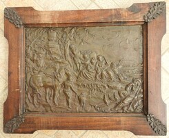 Xix. Century-sized bronze copper relief in an ornate frame - a scene of a hunter of nobles
