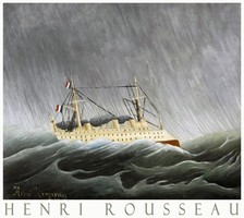 Henri Rousseau ship in the storm 1899 naive painting art poster, sea waves rain steamer
