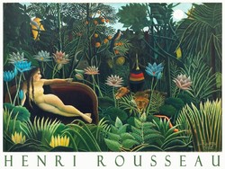 Henri Rousseau's dream 1910 naive painting art poster, jungle primeval forest lions female nude flower