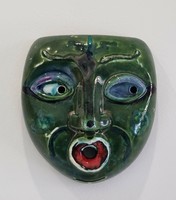 Iparművészeti kerámia fali maszk-dekoratív színvilágú,egyedi vintage darab-18,5 cm