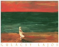 Lajos Gulácsy purple and emerald 1906 painting art poster, cloaked figure beach sunset