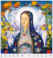 Joseph stella madonna 1926 painting art poster, virgin mary portrait with colorful flowers fruits