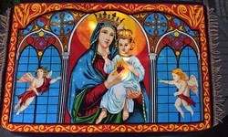 Régi fali kárpit , falvédő Szűz Mária a kis Jézussal angyalokkal