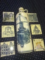 Delft Dutch porcelain bottle with stopper and tile coasters