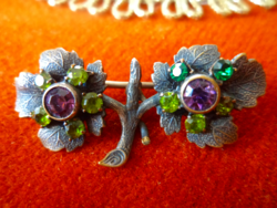 Antique silver plated brooch - decorated with amethyst and green polished stones