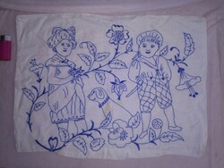 Old, hand - embroidered, scenic pillowcase - kids