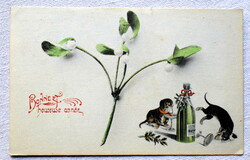 Antik Újévi üdvözlő  képeslap  fagyöngy fotó pezsgőző tacskókkal