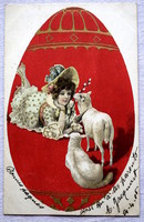 Antik Húsvéti üdvözlő litho képeslap  kislány barka bárányok hatalmas tojás ban