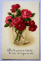 Art deco francia üdvözlő litho képeslap  rózsák vázában