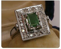 Art Deco Palládium, smaragd, gyémánt gyűrű