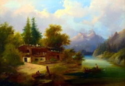 Xix. No. Austrian painter: alpine landscape - a picture of life ... A lavish work from the 1800s ii. Half of it !!!