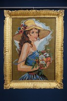 Gobelin kép, kézzel varrott kalapos hölgy, nagy méretű