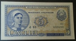 27 58 Old banknote - Romania 5 lei 1952 p83b unc