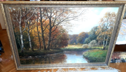 Antique large 110x160 cm painting Lauritz Sørensen Danish painter (1882-1968) landscape with birch trees and river