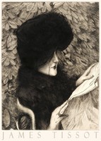 James tissot of newspaper 1883, engraving art poster, elegant lady portrait reading garden black hat