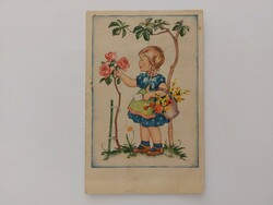 Old postcard 1950s style postcard with little girl with roses