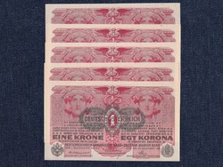 Osztrák-Magyar (háború alatt) 1 Korona bankjegy 1916 5 db sorszámkövető UNC (id62819)