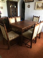 Koloniál étkező garnitúra: asztal, 6 kárpitozott szék együtt