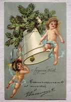 Antik dombornyomott Karácsonyi üdvözlő képeslap angyalkák fenyőág csengő