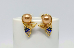 Mermaid gold-plated pearl earrings with colored crystals