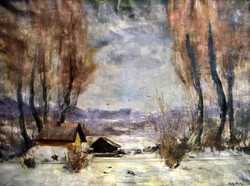 Aladár Pádly (1881-1949) winter landscape with huts