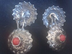 Monarchian women's antique silver cufflinks with pair of noble red corals, antique jewelry