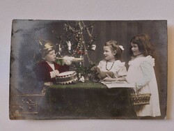 Old Christmas postcard photo postcard with kids Christmas tree toys