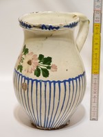 Folk, pink floral, blue striped, white glazed ceramic milky bastard (2256)