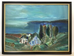 Csiszár Elek (1932-2020) “Házak a tóparton” c. 70x93 cm Képcsarnokos olajfestménye