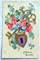 Antik arannyal préselt üdvözlő  képeslap  lakat kulcs rózsa nefelejcs
