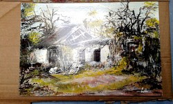 "Az elhagyott falu cicákkal" Páros-festmény2.rész, farostlemezen 27 x 40 cm,ragyogó színekkel
