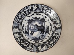 Antik delfti porcelán tányér tál zsidó oroszlán tóra tekercs judaika Delft 18. század 622 5669