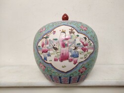 Antik kínai porcelán tojás alakú sokalakos színes fedeles urna váza életkép jelenettel 163 5619