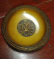 Retro handicraft hand carved wooden wall bowl with copper inlay