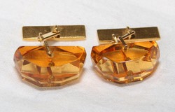 Art Deco Orosz Jelzett  Aranyozott Szintetikus Citrinnel Díszített Mandzsetta Gomb Pár