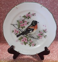 Vörösbegyes, madaras porcelán tányér akasztóval (M2669)