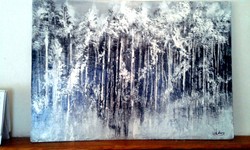 "FEHÉR-FEKETE absztrakt erdő"festmény farostlemezen 65 X 45cm-es