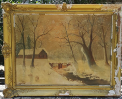 Antique Hungarian painting: winter landscape with houses