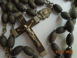 Antique Lourdes crucifix with rosary dark wood with exotic wood beads