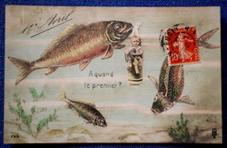 Antik francia humoros  montázs fotó  képeslap  halak baba április 1.