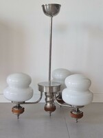 Art deco style 3-branch chandelier/lamp, with wooden details, milk glass shades