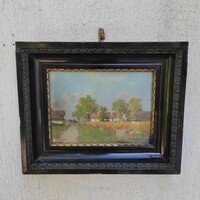 Painting by János Harencz, landscape, life portrait of farm horses, 17x24cm plus frame, not that small!!