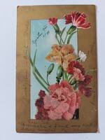 Régi képeslap 1900 virágos levelezőlap szegfű csillámos
