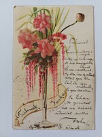 Régi képeslap 1900 levelezőlap virágok vázában csillámos