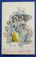Antik MM Vienne Wichera grafikus Újévi üdvözlő képeslap hölgyek fiákeren harsona kutya