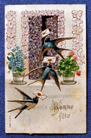 Antik dombornyomott litho üdvözlő képeslap  fecskék levél lóhere orgonavirág