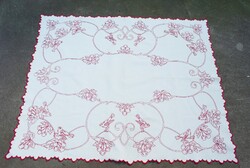 Embroidered red and white folk needlework table cloth centerpiece with thrush and cherry pattern 135x112 cm
