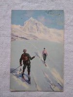 Antik olasz művészlap/képeslap havas hegyek, síelők 1933