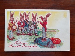 Régi húsvéti képeslap vintage nyuszis levelezőlap nyuszizenekar