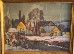 Lajos Farkas - snowy landscape on a village street